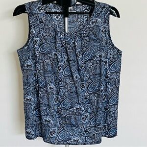 Talbots Blue Paisley Sleeveless Rounded Neck With Front Gathers Top Size Large
